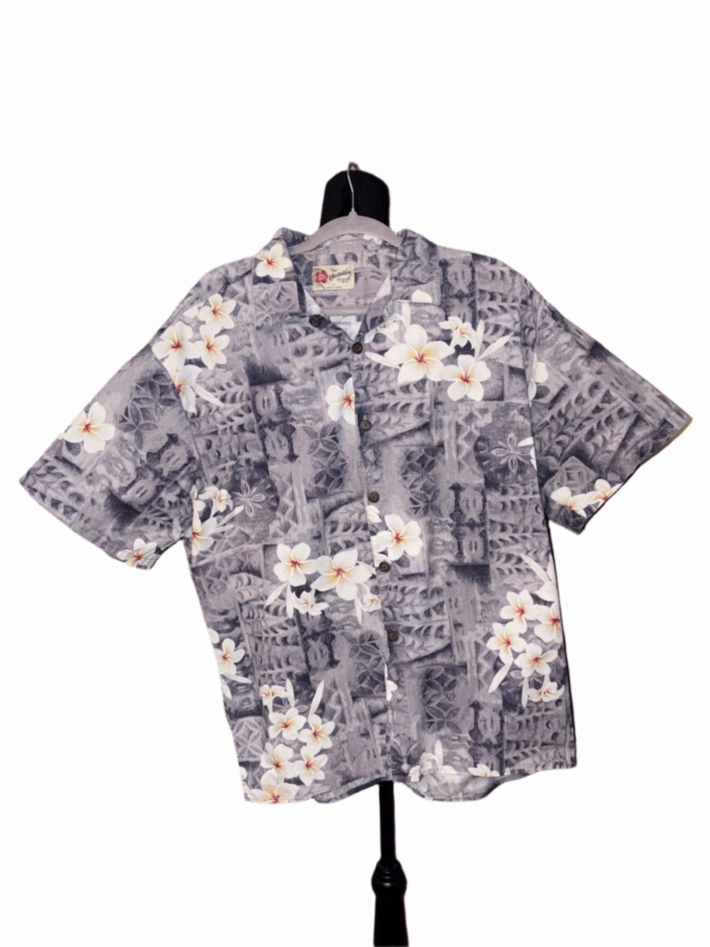 Hawaiian Shirt Gray Plumeria Floral Button Up Made in Hawaii Mens XL
